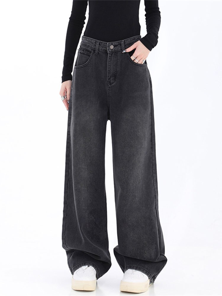 Women Long Straight Harajuku Y2k Tide Grey Black Jean Trousers Baggy Denim Pants Streetwear Pocket Design High Waist
